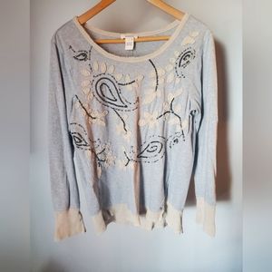 SUNDANCE Gray Embroidered Paisley  Patchwork Boho Raw Hem Long Sleeve - Large